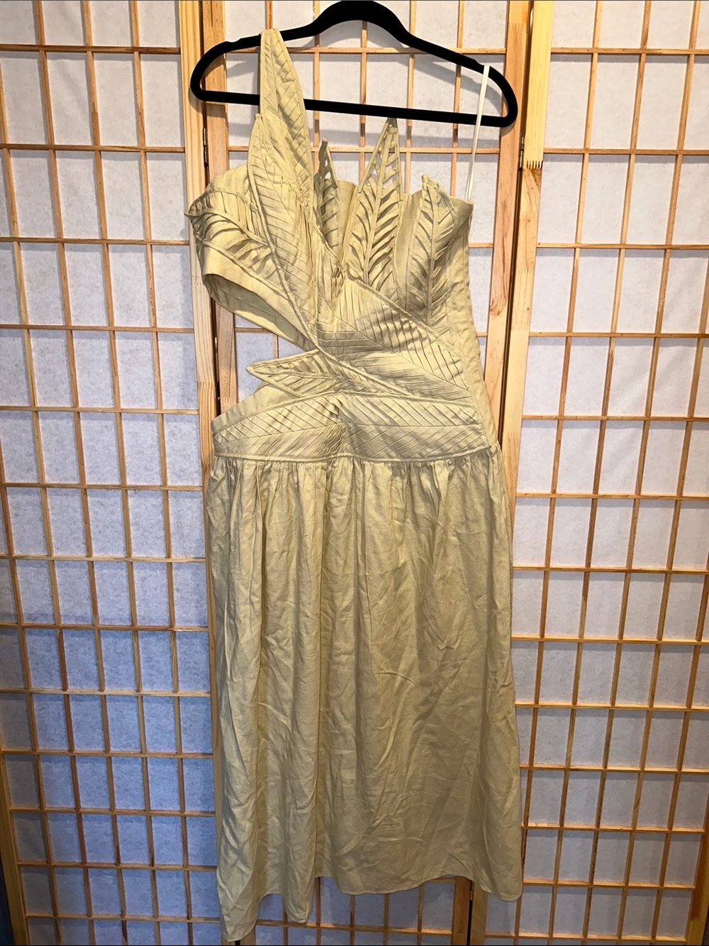 FARM Rio Asymmetrical Leaf-Detail Dress in Light Olive